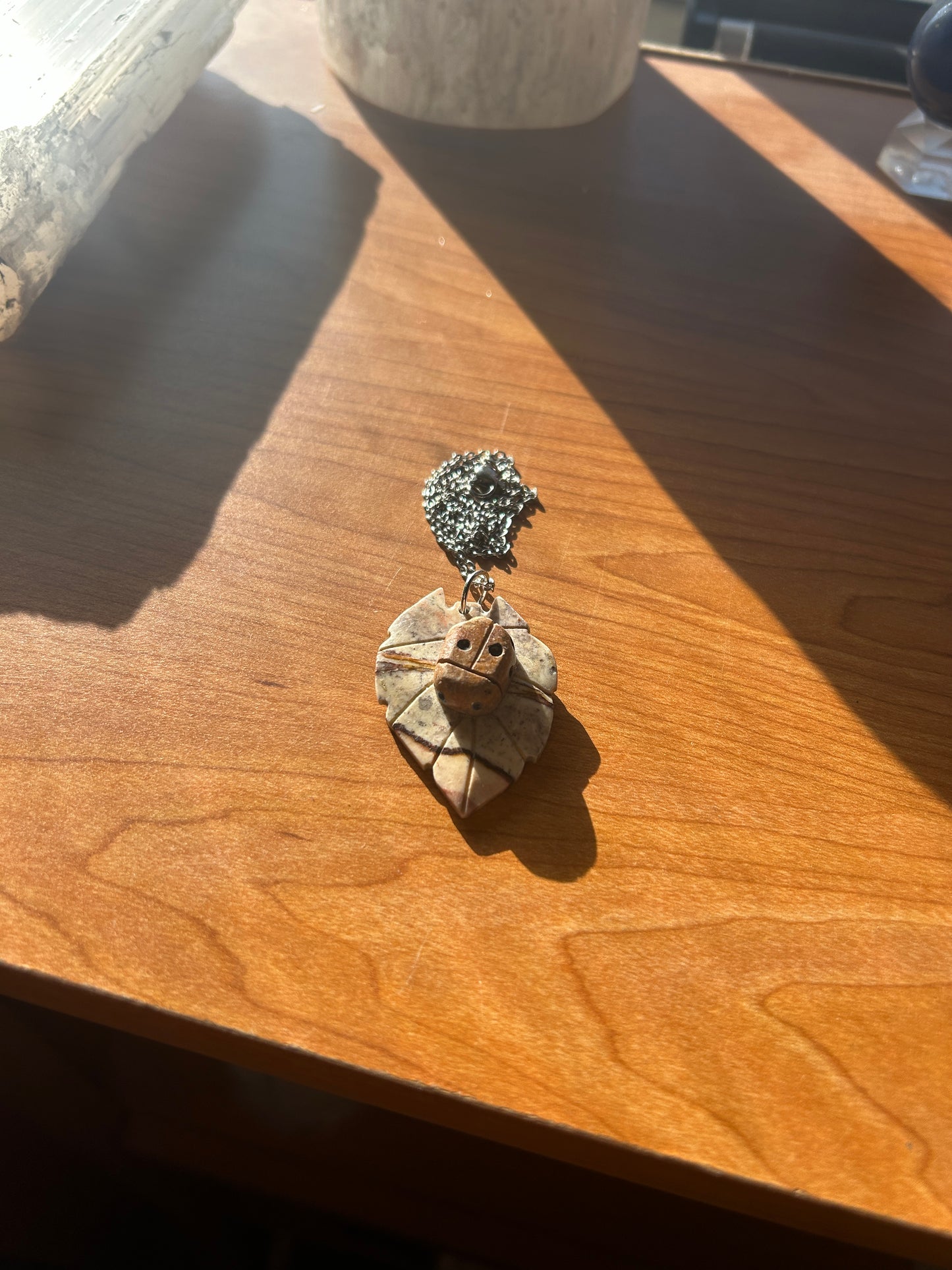 Ladybug on Leaf Stone Carved Pendant