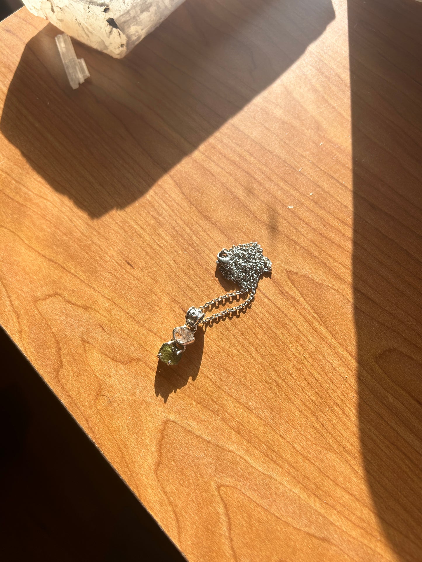 Moldavite and Herkimar Diamond Pendant